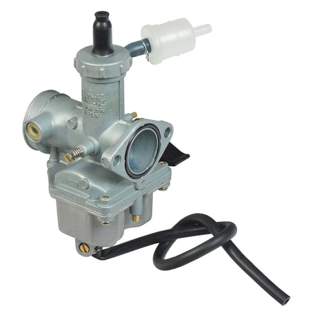 PZ27 Carburetor with 27 mm Intake & Left Hand Choke for 125cc, 150cc, & 200cc ATVs & Dirt Bikes, featuring a grey metal body, black hose, and metal parts.