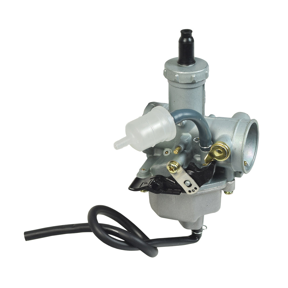 PZ27 Carburetor with 27 mm Intake & Left Hand Choke for 125cc, 150cc, & 200cc ATVs & Dirt Bikes, featuring a grey body with black wires and a visible close-up screw.