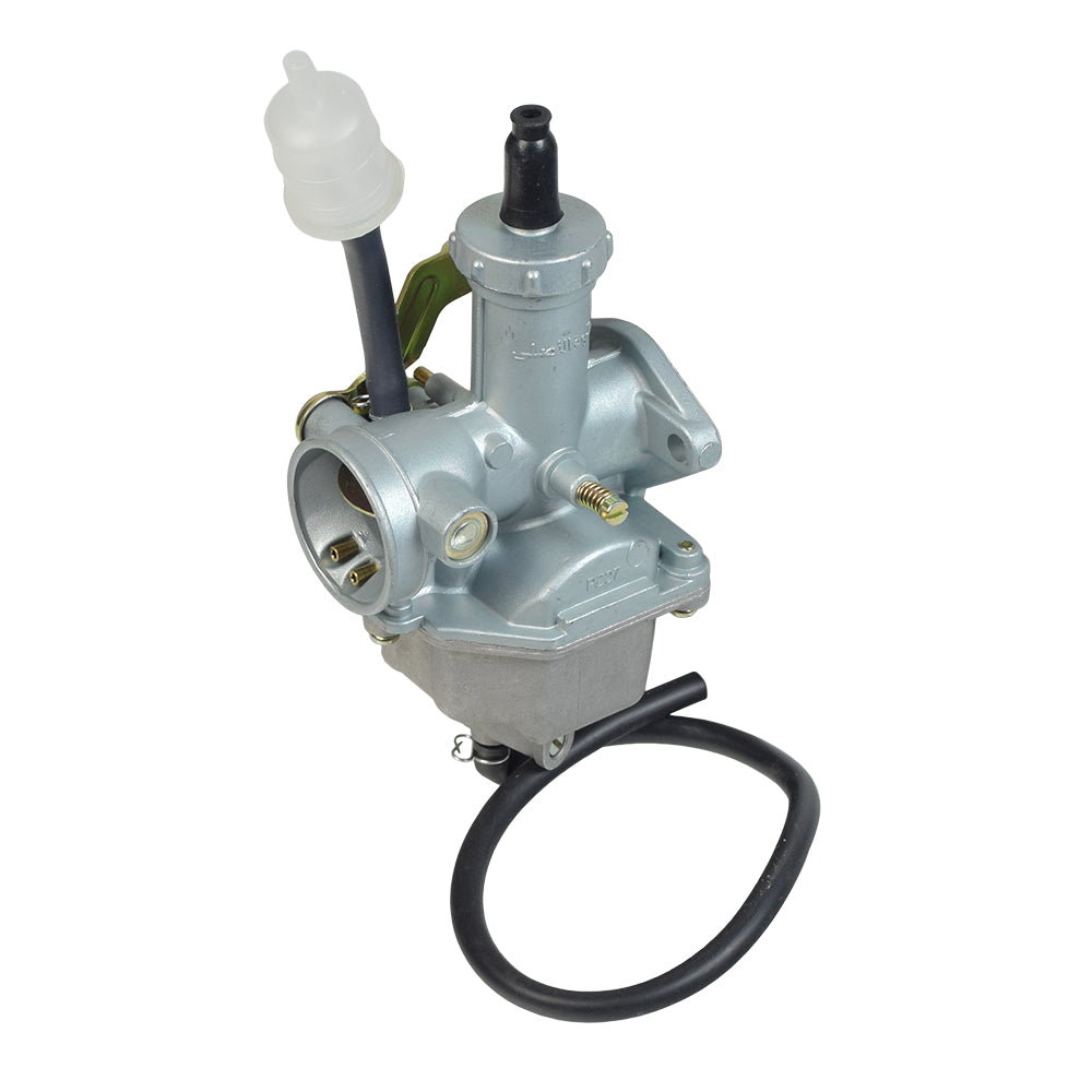 PZ27 Carburetor with 27 mm Intake & Cable Choke for 125cc, 150cc, & 200cc ATVs & Dirt Bikes, featuring a silver body and black hose.