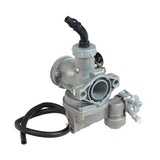 PZ22 Carburetor with 22 mm Intake, Left Hand Choke, & Fuel Valve for 110cc & 125cc ATVs & Dirt Bikes, featuring a close-up view of the metal carburetor mechanism and parts.