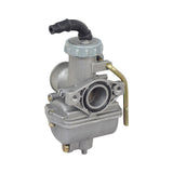 PZ20 Carburetor with 20 mm Intake for 50cc, 70cc, 90cc, and 110cc ATVs and go-karts, featuring a grey metal body, black hose, and left-side mounted manual choke lever.