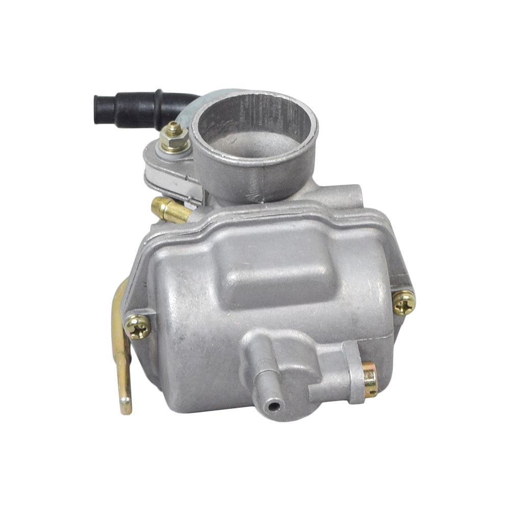 PZ20 Carburetor with 20 mm Intake for 50cc, 70cc, 90cc, and 110cc ATVs and go-karts; features a silver body, black hose, and left-side manual choke lever.