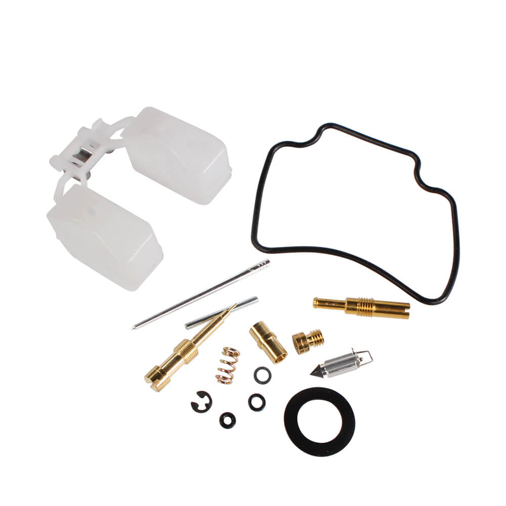 24 mm CVK Carburetor Rebuild & Repair Kit for 125cc to 150cc GY6 Scooters, featuring close-up views of machine parts, including a black rubber gasket, gold screw, metal spring, and screwdriver.