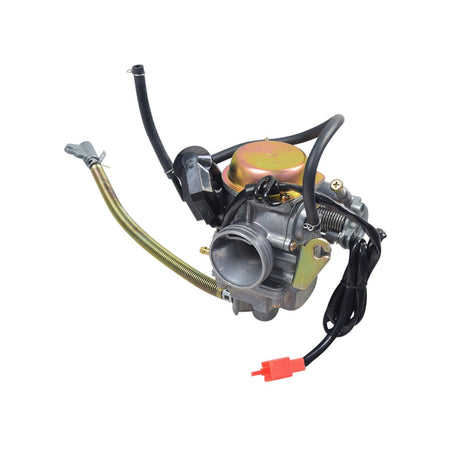 PD26 Carburetor for the Coleman AT200-B ATV, featuring visible wires and metal components, essential for 4-stroke engines on ATVs, go-karts, and dirt bikes, ensuring optimal performance.