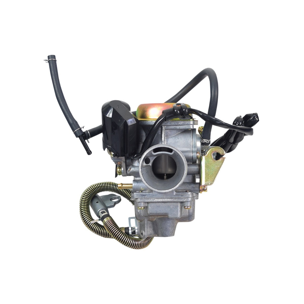 Close-up of a PD26 Carburetor for the Coleman AT200-B ATV, showing intricate metallic components and connections, essential for 155cc-200cc 4-stroke engines used in ATVs, go-karts, and dirt bikes.