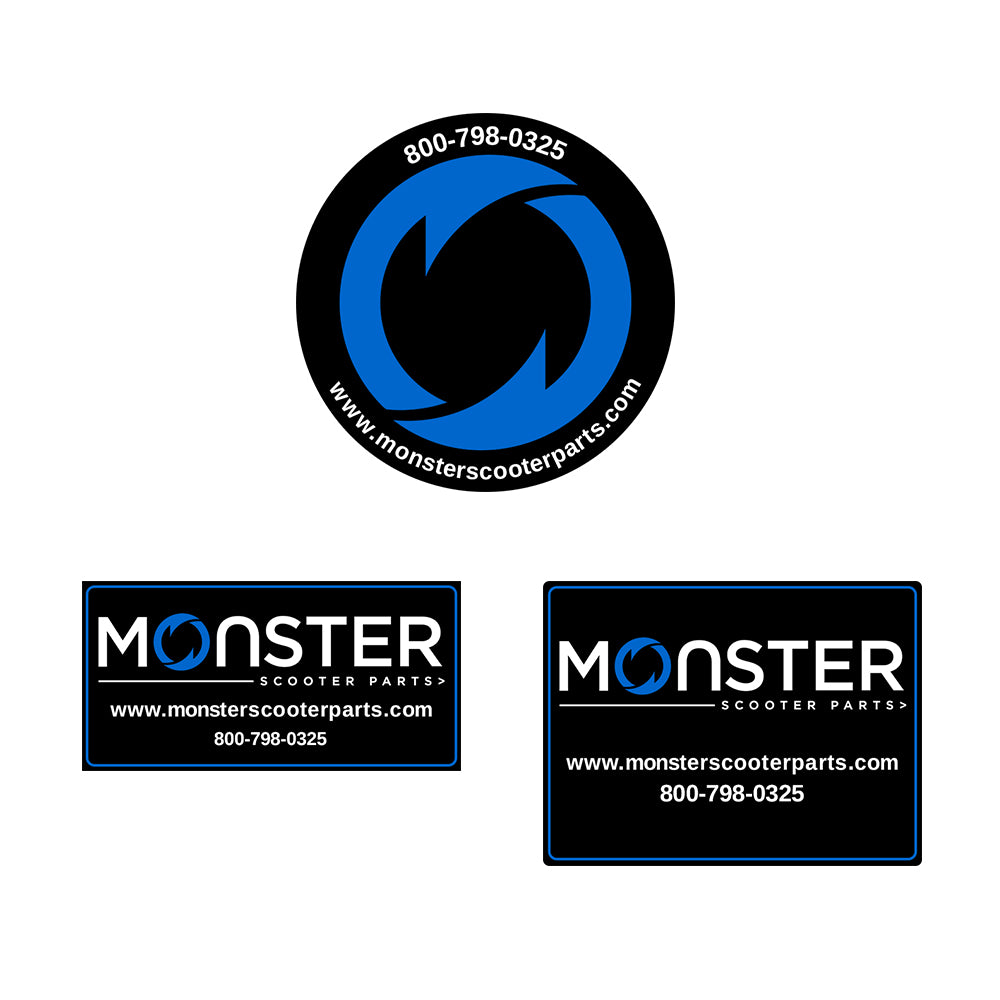 Monster Scooter Parts Sticker featuring a black and blue logo with white text, available in round and rectangular shapes, perfect for personalizing batteries and other items.