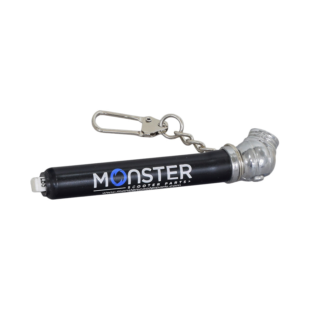 Monster Scooter Parts Tire Pressure Gauge with a compact black and silver design, featuring a black handle and a small white logo, perfect for keychains or toolbags.