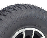 14.5 Front or Rear Pneumatic Wheel Assembly for Pride Wrangler (MV600) & Baja Wrangler 2 (BA400) Mobility Scooters, featuring a tubeless tire on a black and silver rim, close-up view of tread and hub.