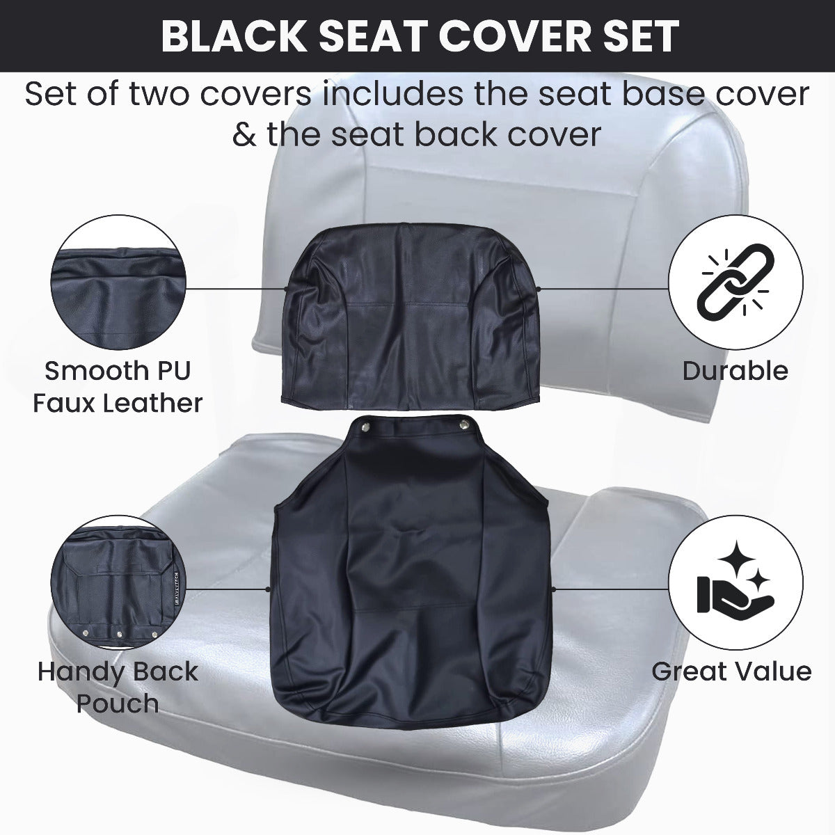 Seat Cover Set for Pride Revo, Sonic, & Go-Go Mobility Scooters featuring a black PU faux leather seat base and matching back cover with a rear pouch.