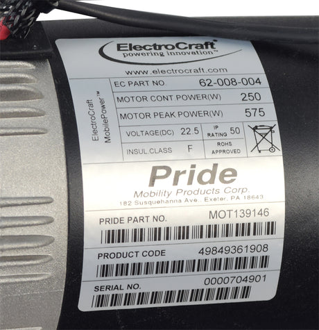 Close-up view of the Right Motor Assembly for the Pride Jazzy J6 power chair, highlighting the serial number-specific compatibility for models JB213314162020 and later.