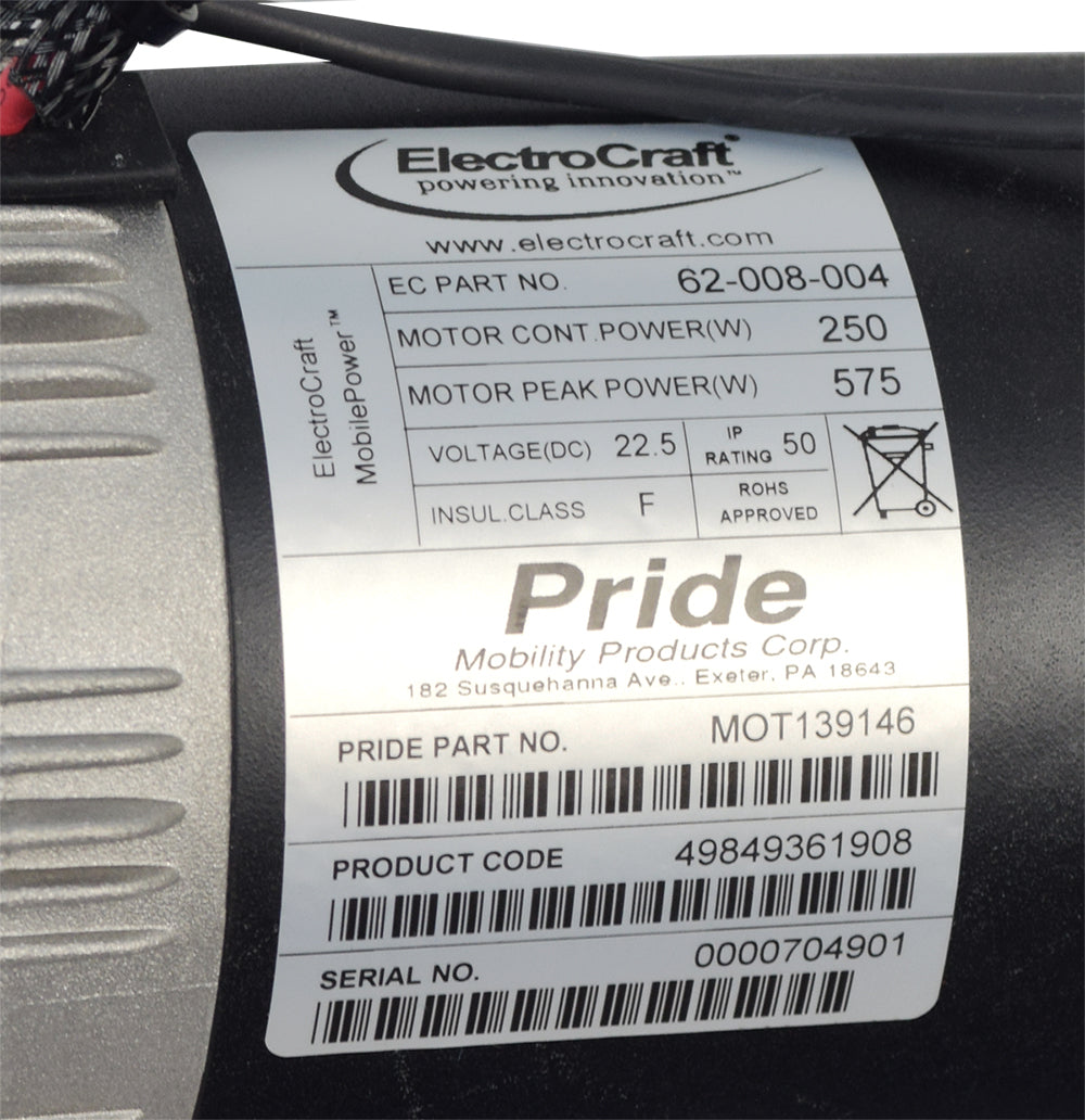 Close-up view of the Right Motor Assembly for the Pride Jazzy J6, showing the serial number-specific label and part of the metallic surface, essential for replacing worn-out drive motors in J6 power chairs.