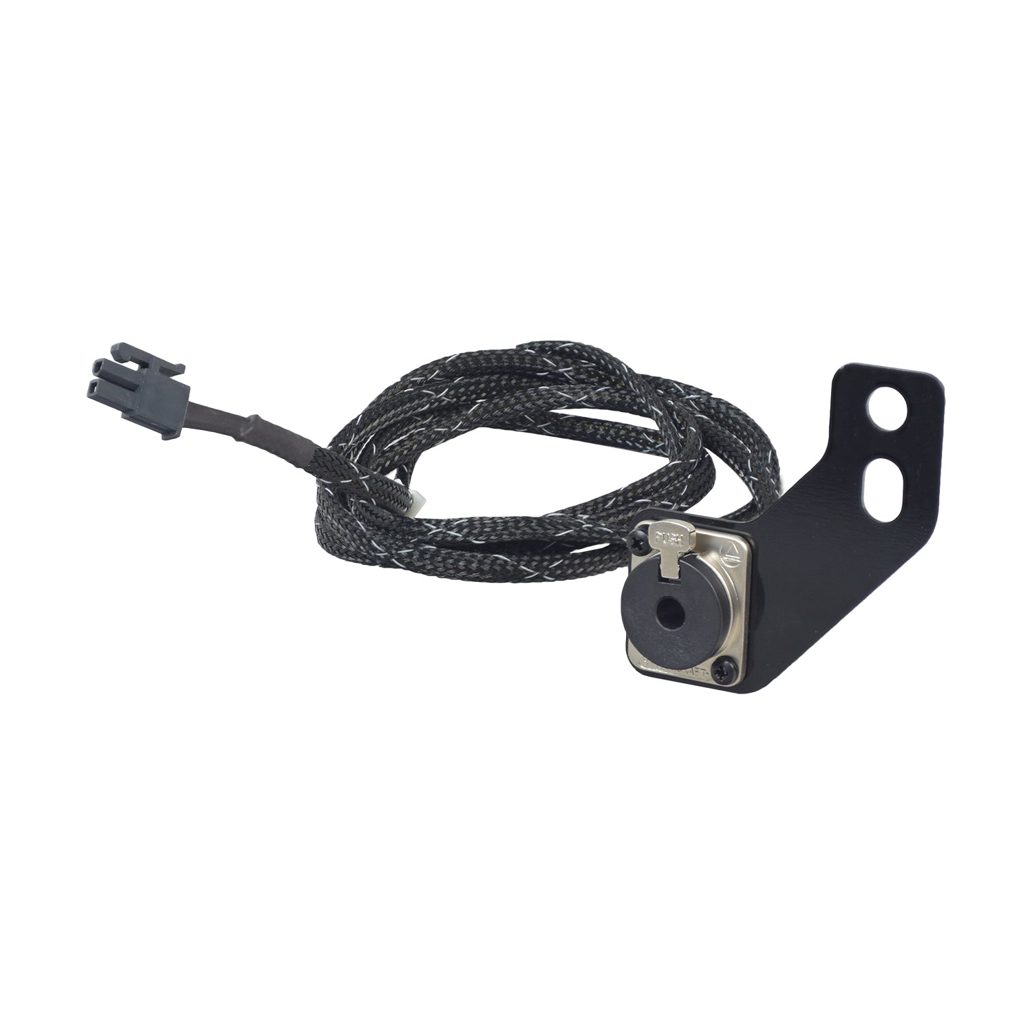 AFP Harness & Bracket Assembly for the Quantum Q6 Edge Power Chair with Tru-Balance 3 Seating, featuring a black cable with metal connector and bracket, including screws for retrofitting previous versions.