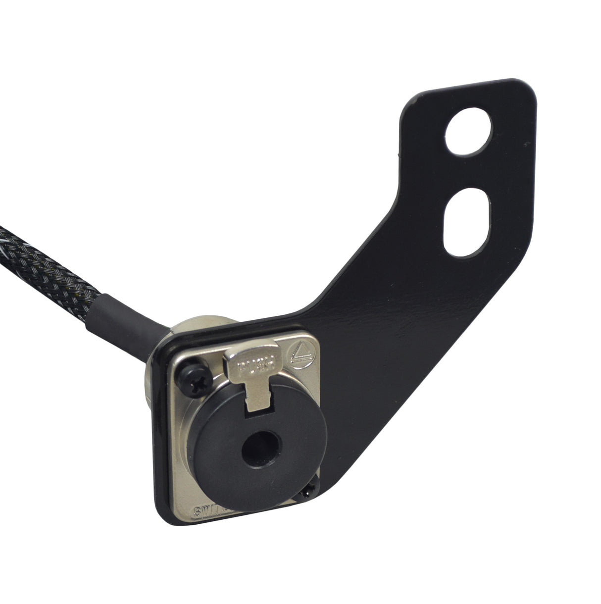 AFP Harness & Bracket Assembly for the Quantum Q6 Edge Power Chair with Tru-Balance 3 Seating, featuring a close-up of a black braided cable, a metal device, and included screws.