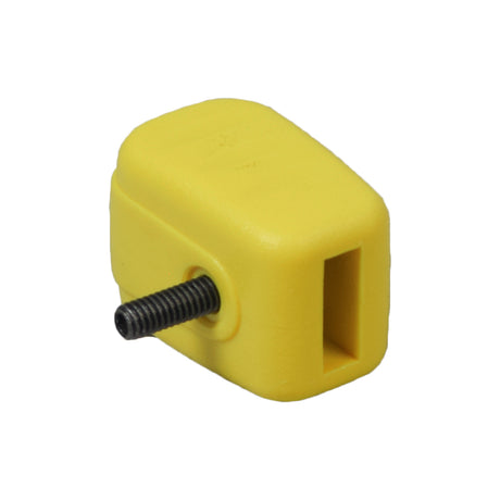 Yellow Freewheel Lever Cap for Quantum Power Chairs, featuring a yellow plastic design with an integrated screw, essential for unlocking the brake mechanism of various Quantum models like the Q6 Edge and Q600.