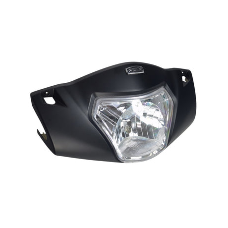 Headlight Shroud with Headlight for the Pride Raptor (R3-1700); close-up view of the black headlight shroud and clear headlight, essential for securing and protecting the scooter's front console and electronics.