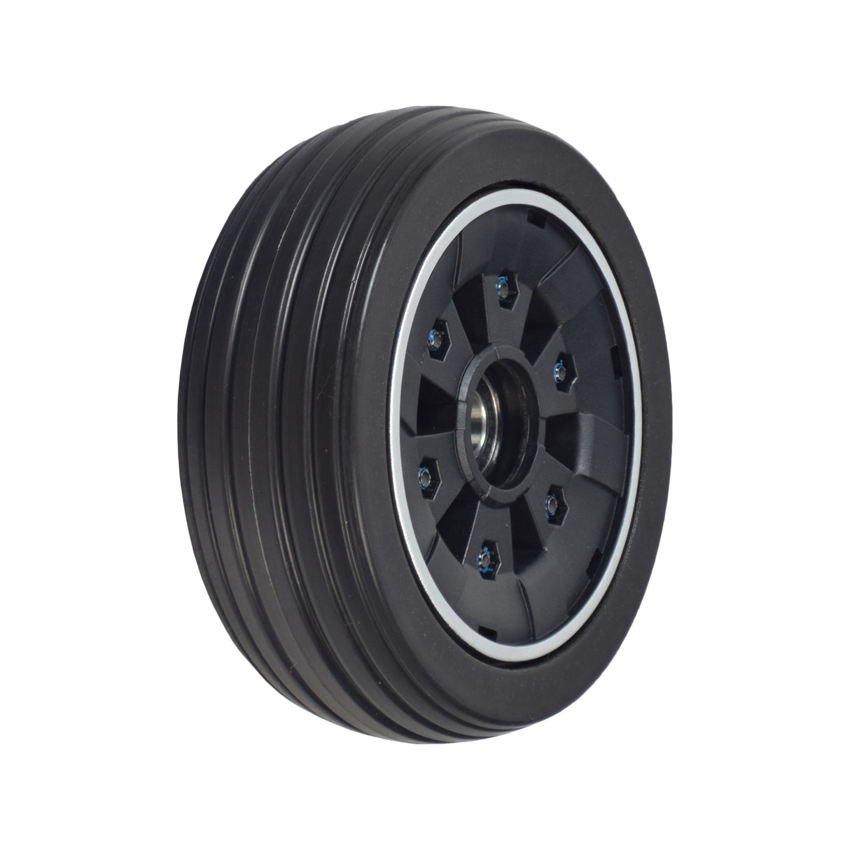 6 Caster Wheel for the Jazzy Air 2 Power Chair, featuring a black tire mounted on a silver rim, designed for stability and dependability, suitable for front or rear installation on any side.