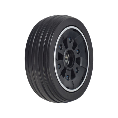 6 Caster Wheel for the Jazzy Air 2 Power Chair, featuring a black tire mounted on a silver rim, designed for stability and dependability, suitable for front or rear installation on any side.