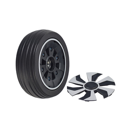 6 Caster Wheel for the Jazzy Air 2 Power Chair: black tire mounted on a silver rim, suitable for front or rear, left or right installation.