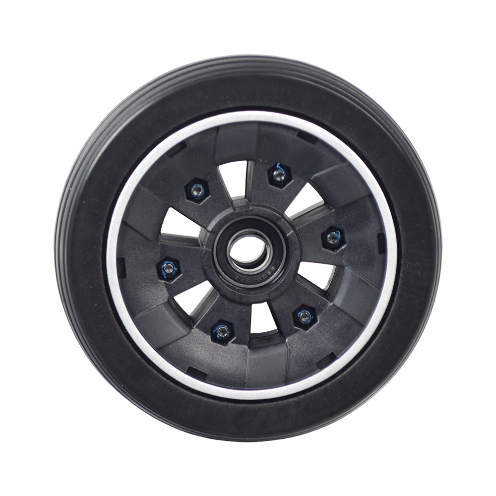 6 Caster Wheel for the Jazzy Air 2 Power Chair featuring a black tire on a silver rim, designed for stability and dependability, suitable for front or rear installation.