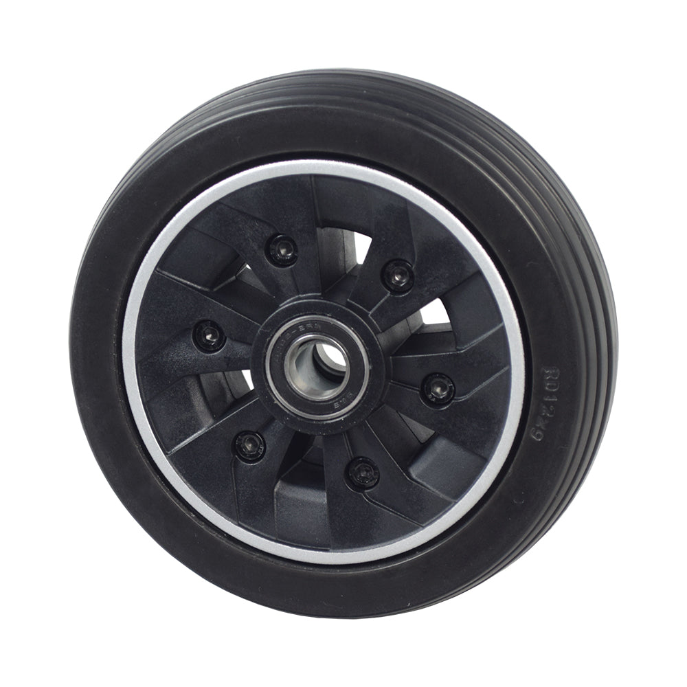 6 Caster Wheel for the Jazzy Air 2 Power Chair, featuring a black tire mounted on a silver rim, shown in a close-up view highlighting its intricate design and sturdy construction.