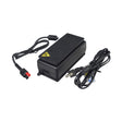 1.5 Amp Lithium Battery Charger for the Pride Mobility iRide (S25) Scooter, featuring a black electronic device with attached wires and a yellow warning triangle.