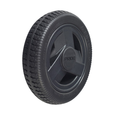 6-3/4 Rear Wheel Assembly for the Pride Mobility iRide (S25) Scooter, featuring a flat-free solid tire mounted on a black 3-spoke rim, suitable for either side of the scooter.