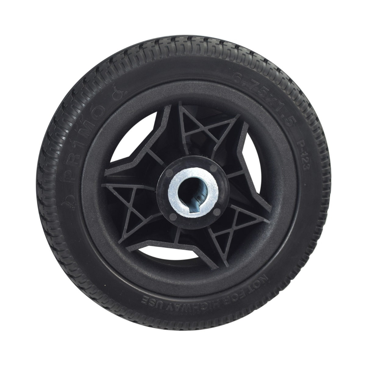 6-3/4 Rear Wheel Assembly for the Pride Mobility iRide (S25) Scooter featuring a flat-free solid tire on a black 3-spoke rim, suitable for both left and right sides.