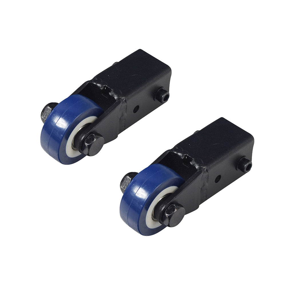 Anti-Tip Wheel Set with Bracket for Pride Raptor & Baja Raptor 2 Mobility Scooters, featuring a pair of blue and black casters with mounting bolts and nuts included for stability on uneven surfaces.