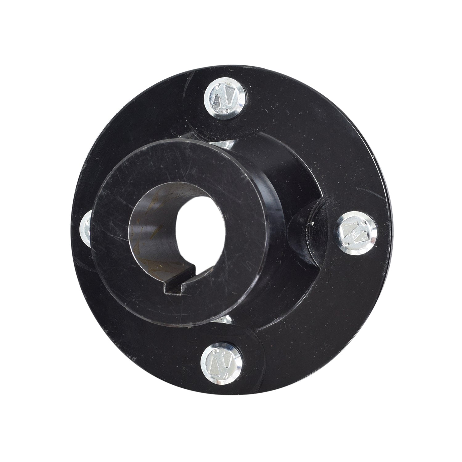 Hub for 4-Spoke Drive Wheels on Quantum Q6 Edge Z & Q6000Z Power Chairs, featuring a black metal circular object with pre-installed silver screws, designed to mount directly onto the motor axle.