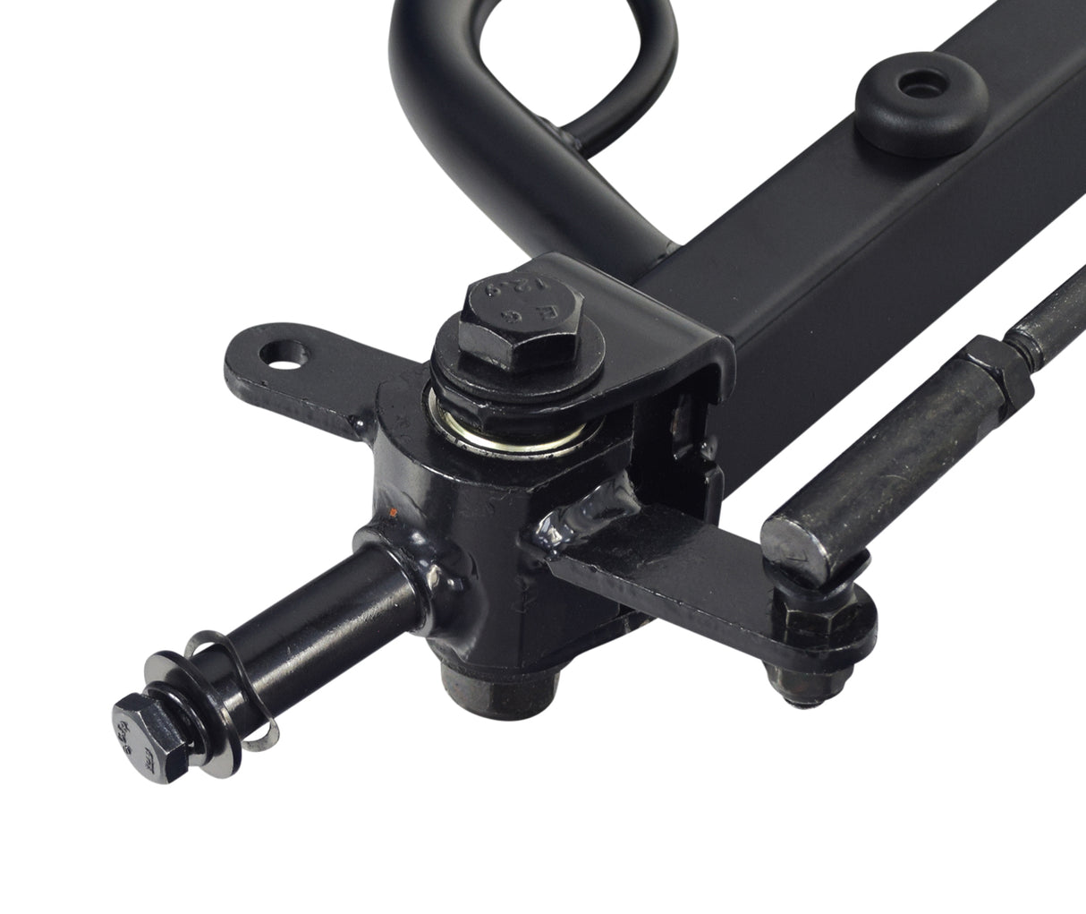 Front Axle Assembly for Pride Victory 10 LX & Victory LX Sport Scooters, featuring a black metal frame, handle, bolts, ball joints, bearings, and spacers, shown in a close-up view.