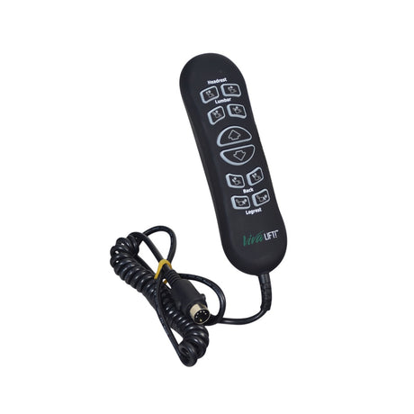 10-Button Hand Control for the Jackson/Catnapper Warner Lift Chair, featuring a black remote with buttons, a coiled cord, and a 5-pin quick-connect cable with a USB port.