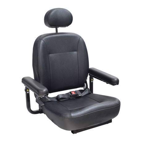 20x18-20 Hi-Back Black Vinyl Limited Recline Comfort Seat Assembly with Armrests & Lap Belt for Jazzy & Quantum Power Chairs, featuring a black seat with armrests, headrest, and seat belt.