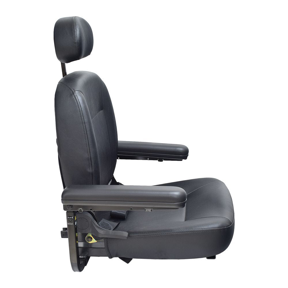 20x18-20 Hi-Back Black Vinyl Limited Recline Comfort Seat Assembly with Armrests & Lap Belt for Jazzy & Quantum Power Chairs, showcasing a sleek, black vinyl seat with armrests, headrest, and lap belt.