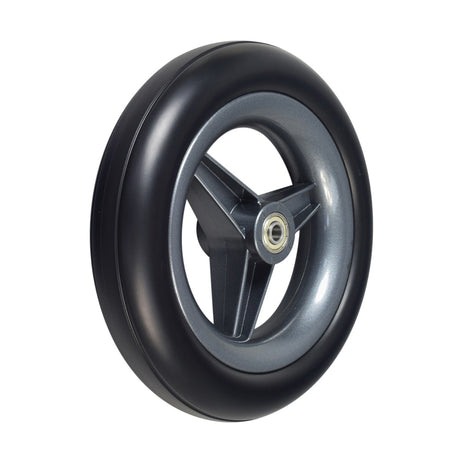 8 Front Caster Wheel for the Jazzy Passport Power Chair featuring a solid, flat-free black tire, 3-spoke hub, and pre-installed metal bearings.