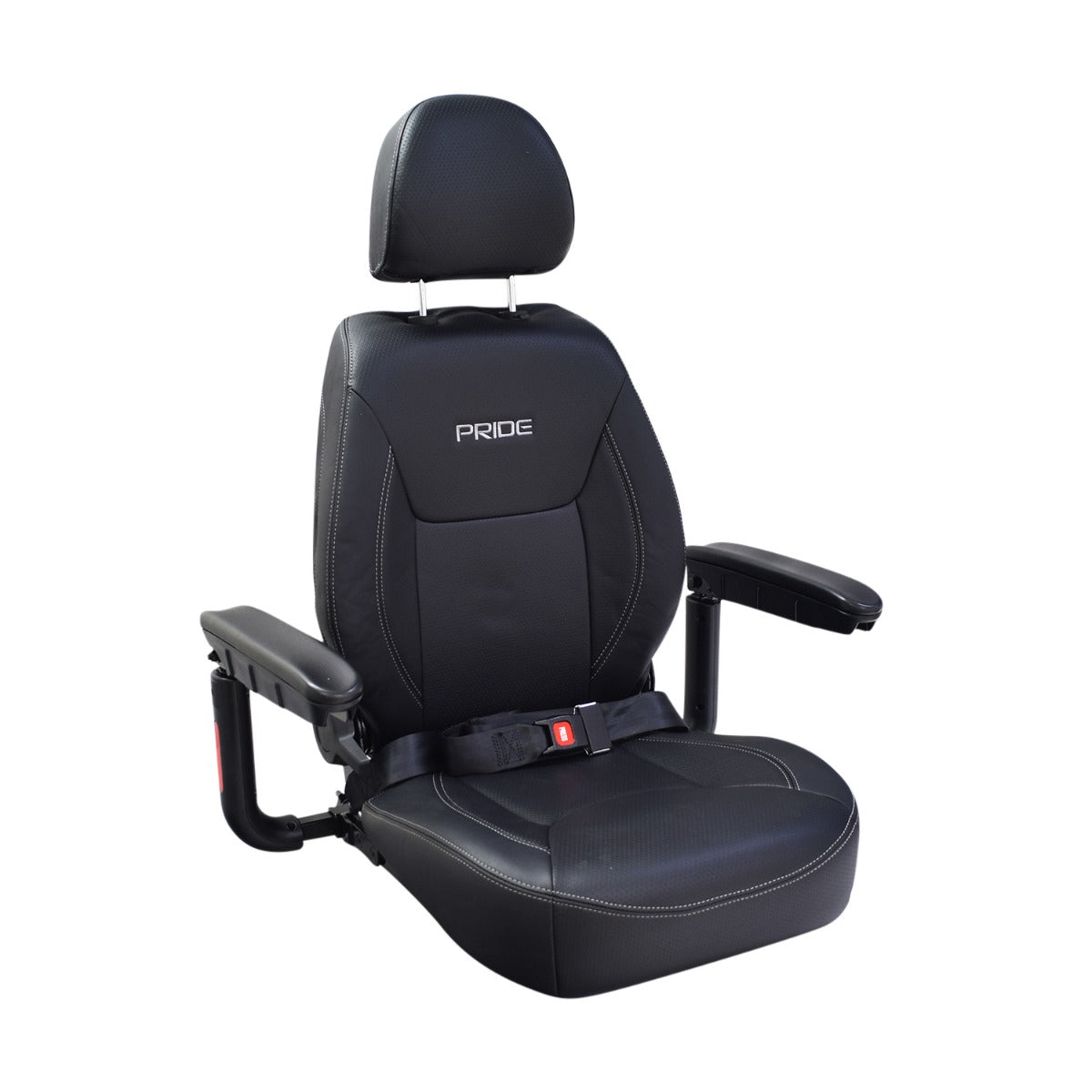 18x18 Fold-Flat Captain Seat Assembly for the Jazzy Air Power Chair, featuring black vinyl upholstery, headrest, and 60 lap belt. Armrests sold separately.