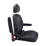 18x18 Fold-Flat Captain Seat Assembly for the Jazzy Air Power Chair with black vinyl upholstery, headrest, and 60 lap belt. Armrests sold separately.