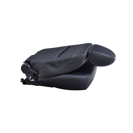 Close-up of the Jazzy Air Captain seat black vinyl upholstery with white stitching