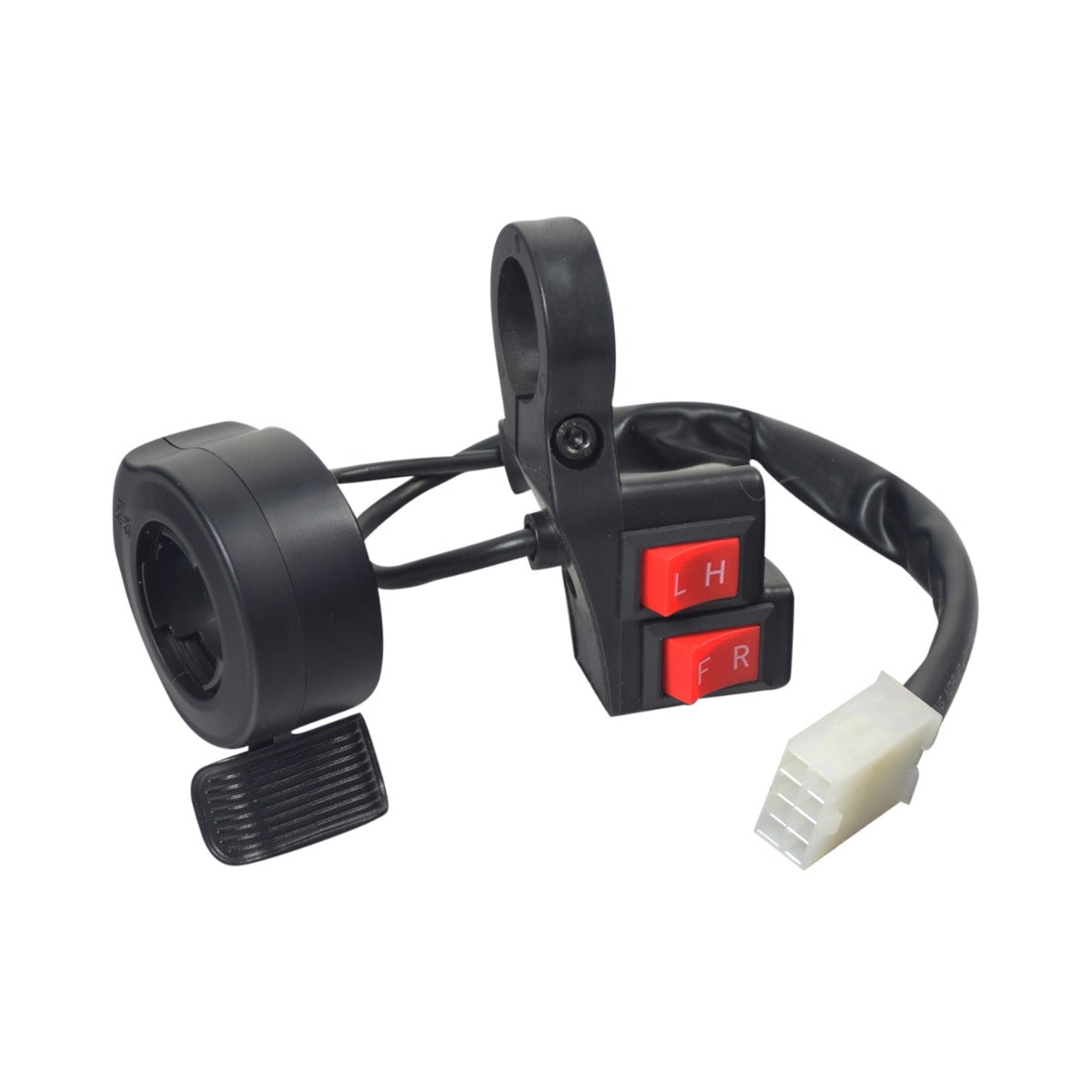 Direction & Mode Switch Assembly for the Pride Mobility Raptor (R3-1700) Scooter, featuring a black switch with red buttons, including a thumb throttle, forward-reverse switch, and an 8-pin connector cable.