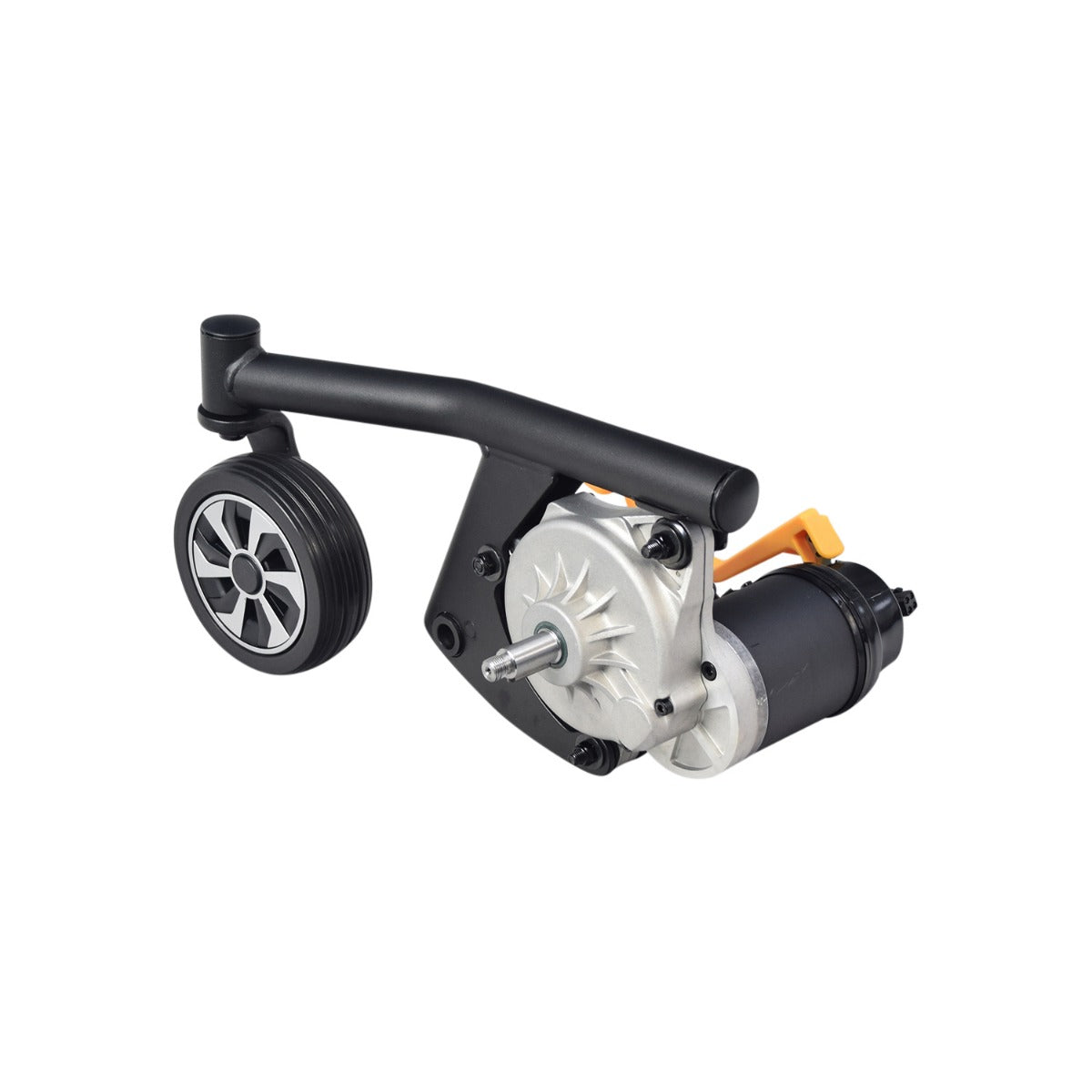 Front Caster Arm Assembly with Motor for the Jazzy Air 2, featuring a compact black and silver design with a visible black wheel and integrated motor components.