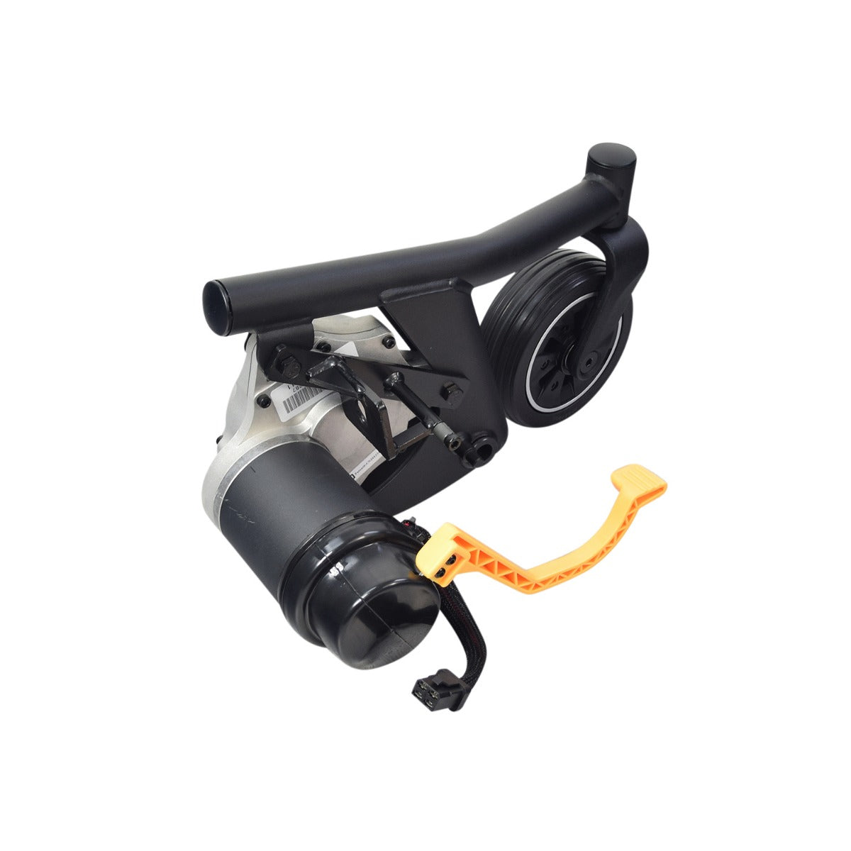 Front Caster Arm Assembly with Motor for the Jazzy Air 2, featuring a black and silver metal design with a visible yellow handle and integrated wheel.