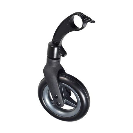 Caster Wheel & Fork Assembly for the Jazzy Passport Power Chair, featuring an 8 solid tire, 3-spoke rim, and mounting hardware, shown in a close-up view highlighting the black wheel and handle.