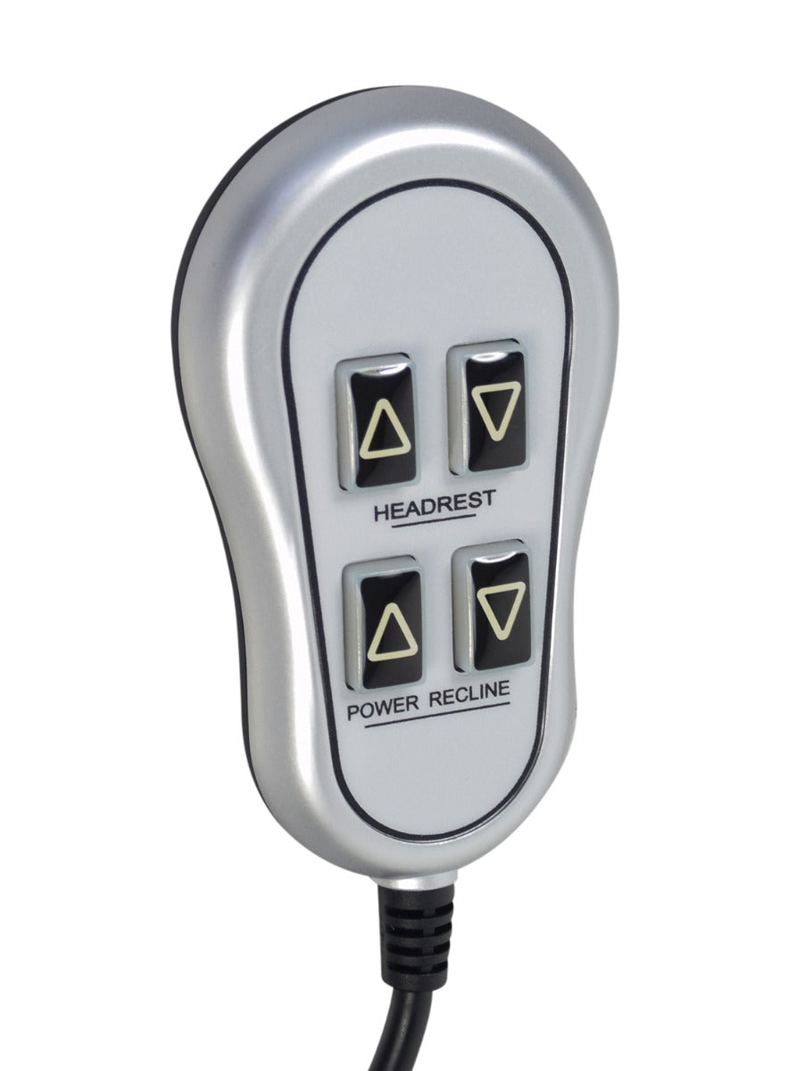 4-Button Hand Control for the Mega Motion NM 2750 Lift Chair, featuring a silver device with four clearly marked buttons and a 57 power cord with a 5-pin connector.