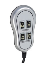 4-Button Hand Control for the Mega Motion NM 2750 Lift Chair, featuring a silver device with four clearly marked buttons and a 57 power cord with a 5-pin connector.