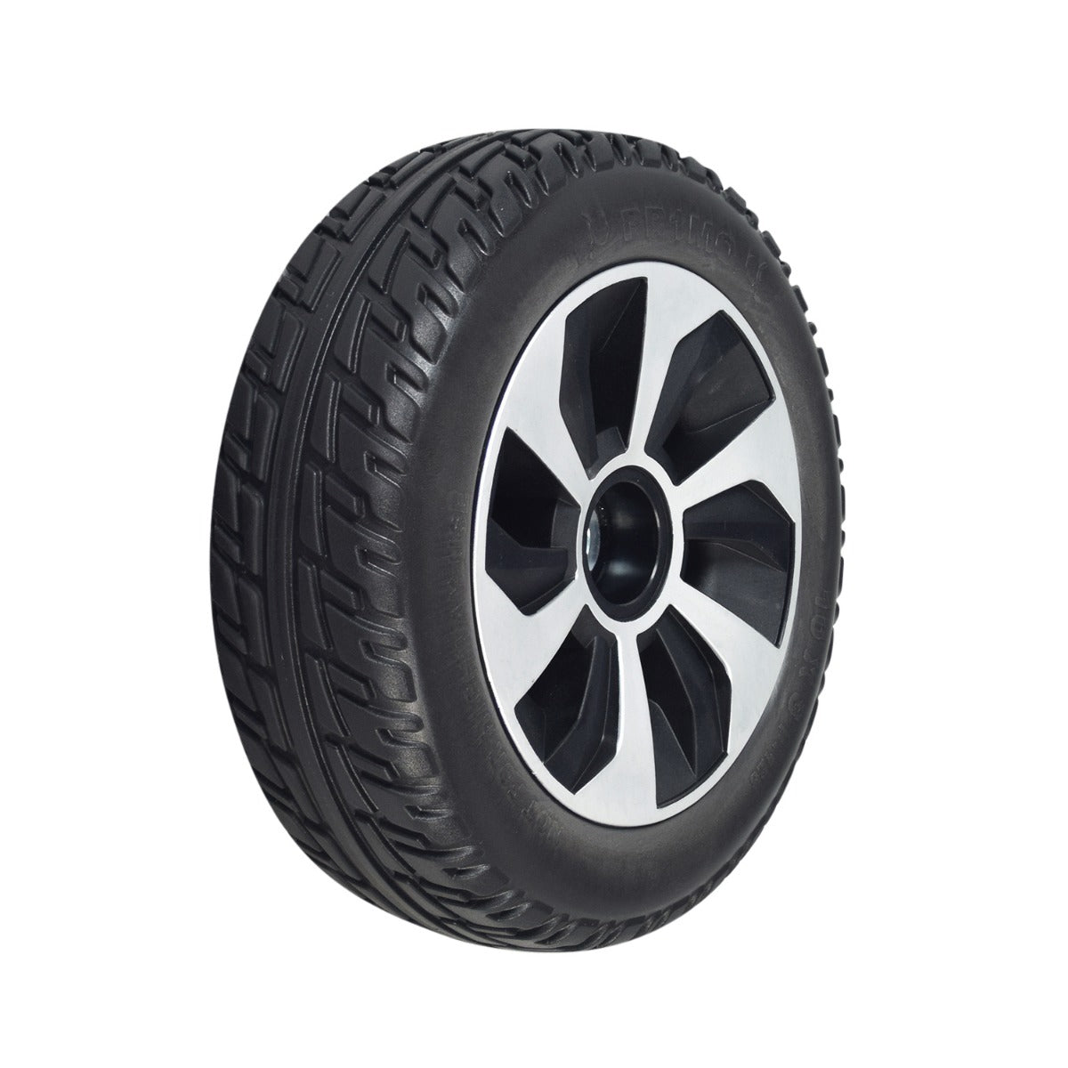 10 Drive Wheel Assembly for the Jazzy Air 2 Power Chair featuring a silver 6-spoke rim and a black, foam-filled tire designed to prevent air leaks and flats.