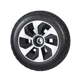 10 Drive Wheel Assembly for the Jazzy Air 2 Power Chair featuring a black tire with a 6-spoke silver rim, designed for durability with a foam-filled, no-flat structure.