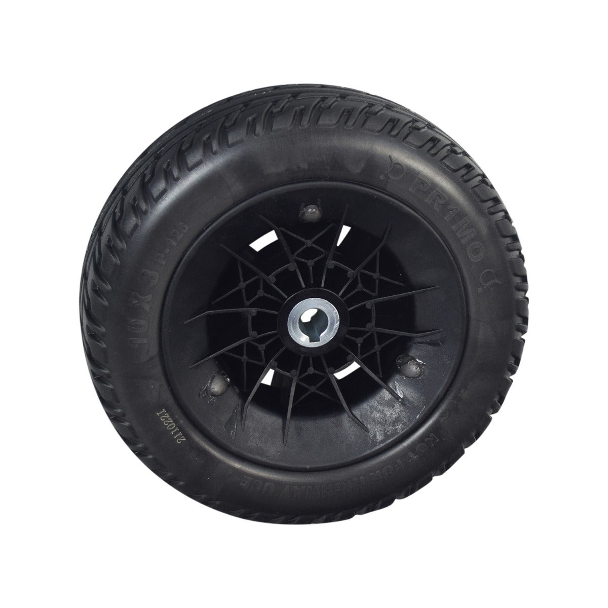 10 Drive Wheel Assembly for the Jazzy Air 2 Power Chair, featuring a black tire with a 6-spoke silver metal rim and foam-filled design to prevent air leaks and flats.