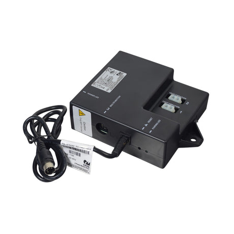 Motor Control Box for the Pride Infinity Oasis LC-580I Infinite-Position Lift Chair, featuring visible wires, white buttons, a barcode label, and a 5-pin connector cable.