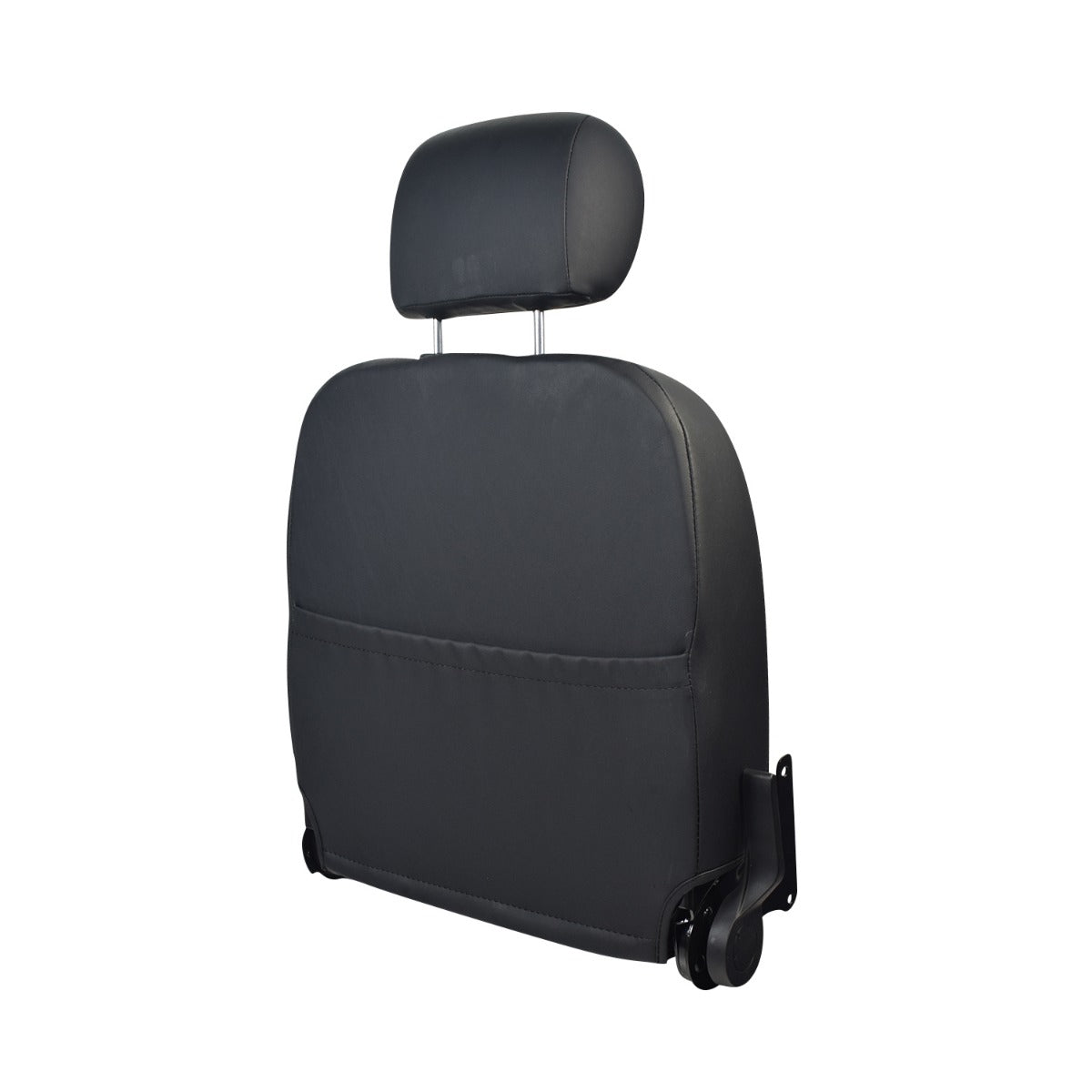 18 Captain's Seat Back Assembly for the Quantum Q6 Edge 3 Stretto, featuring a black vinyl upholstery, integrated 2-post headrest, and lower corner hinges with a rear pouch.