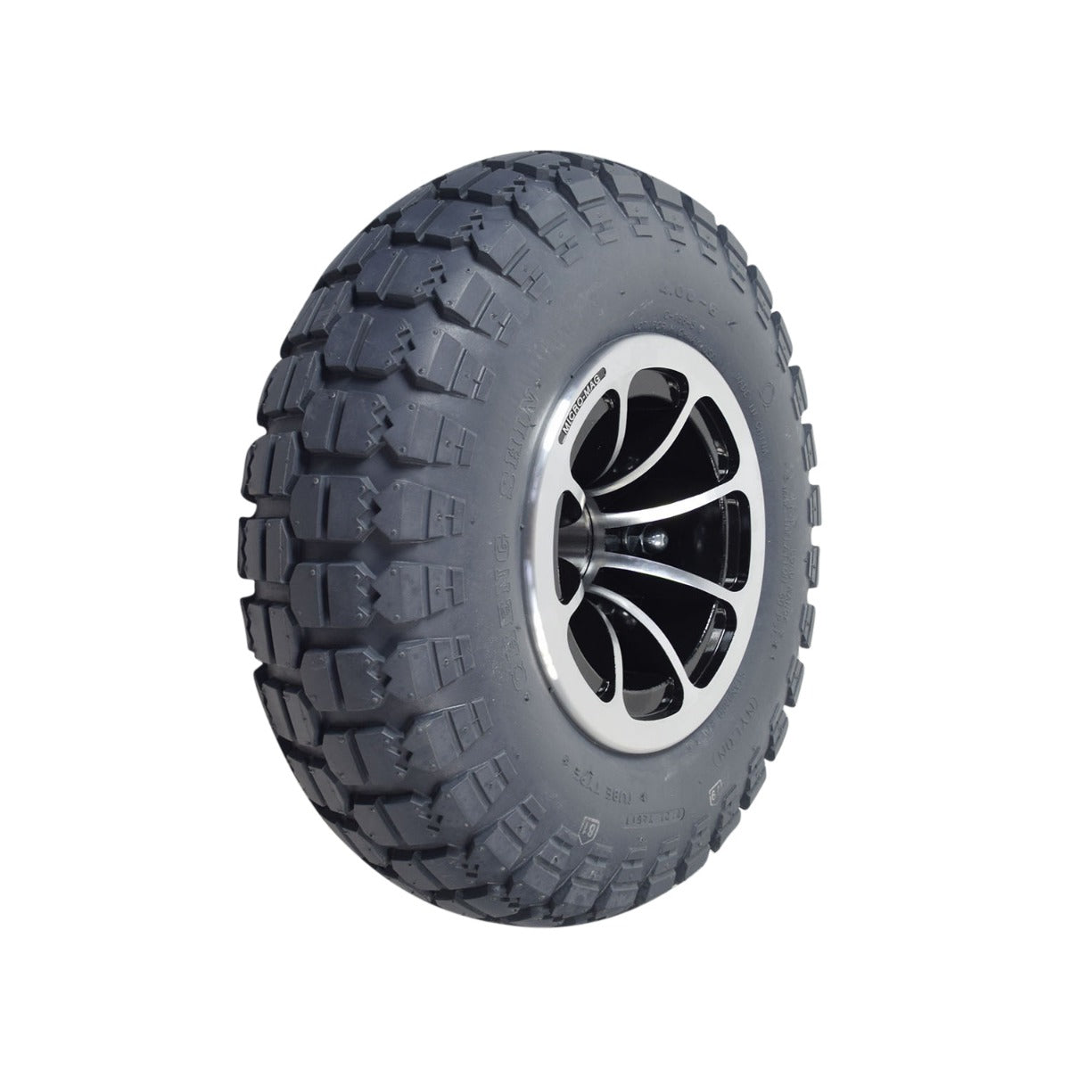 14x4 Flat-Free Wheel Assembly for Quantum Q6 Edge HD & Q6 Edge Z Power Chairs, featuring a dark gray knobby tread tire and a silver and black rim with a keyed hub.