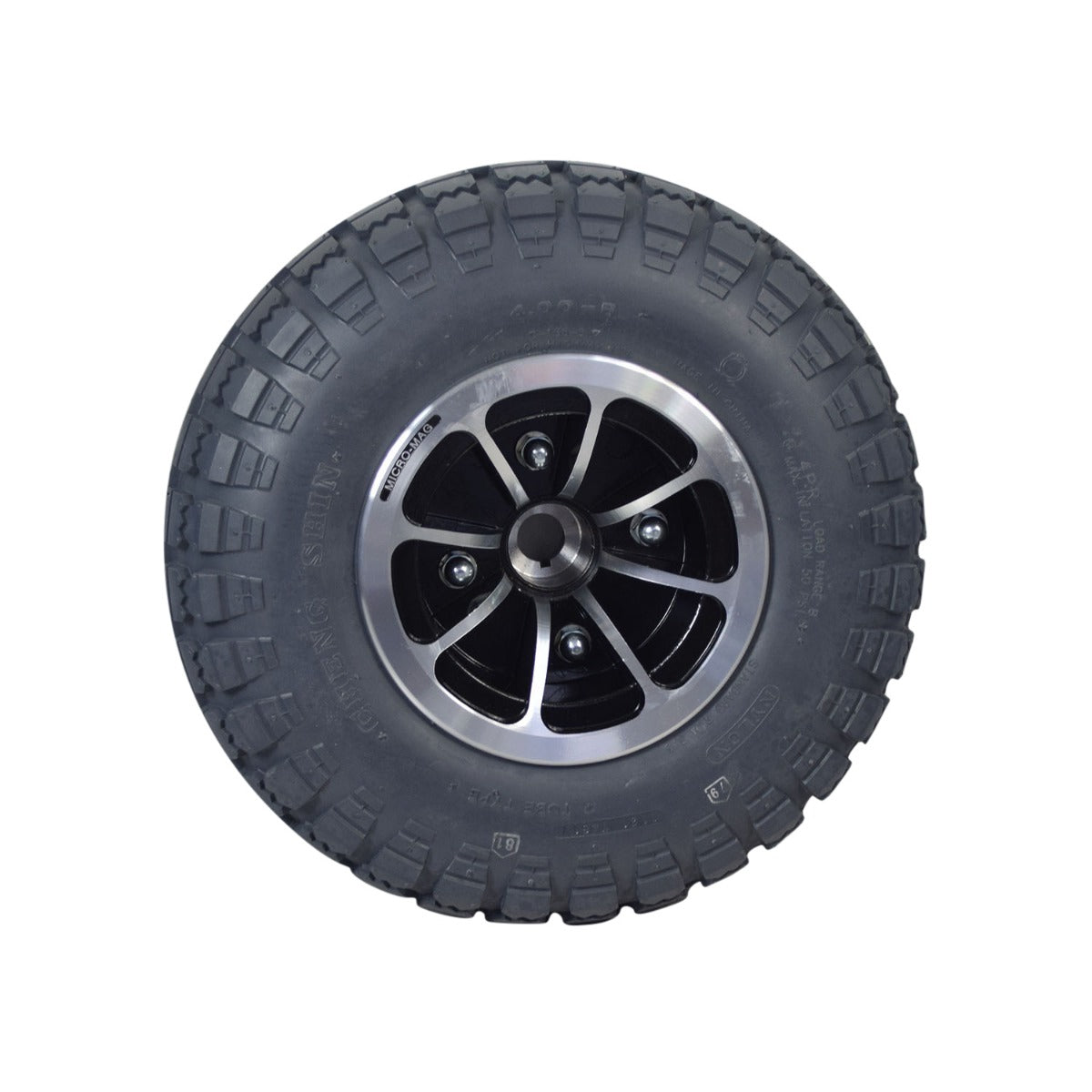 14x4 Flat Free Wheel Assembly for Quantum Q6 Edge HD & Q6 Edge Z Power Chairs with a dark gray knobby tread tire, silver and black rim, and keyed hub.